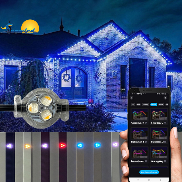Smart Permanent LED Holiday Lights Outdoor IP67 Waterproof with Remote RGBW Pixel Control and Smart Christmas Lighting