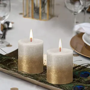 Eco-Friendly Plant-Based Wax Smokeless 35 Hour Candles 4 Pack Sandy Gray Gold Sunset Rustic Metallic Pillar Candles