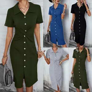 2022 Summer Knitted Casual Professional Dress POLO Neck Knotted Single Breasted Office Women's Clothing
