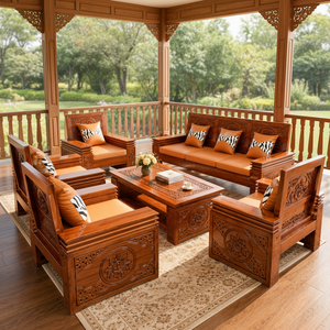 Sofá de Madera de Teca Hecho a Mano para Sala de Estar con Tallado Floral Ornamentado, Colección de Muebles de Lujo de Tres Plazas - Product Image 1