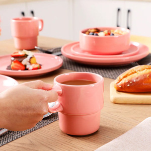 Service de table en céramique et porcelaine de luxe moderne, 16 pièces, vaisselle rose, écologique, personnalisable, hôtels, restaurants, maison - Product Image 1