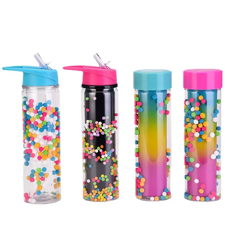 Creative Hot Sales Cute portable 500ml outdoor sports rainbow POM beverage juice clear plastic drinking water bottles