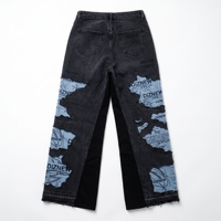 DIZNEW Jean Patchwork Noir Bleu avec déchirures effet nuage, bords bruts, broderie motif Circuit Star Thorn Script, étiquette DIZNEW CO, ourlet brut, style Gothique Personnalisé
