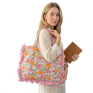 Premium Handmade Quilted Cotton Frill Tote Bag Floral Print Spacious Shoulder Carry Market Grocery Travel Bag - Product Image 1
