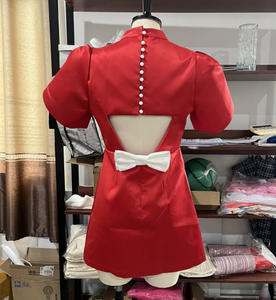 GX-abito da sera alla moda femminile abito da donna rosso girocollo a vita alta abiti a trapezio Mini abito elegante con fiocco - Product Image 2