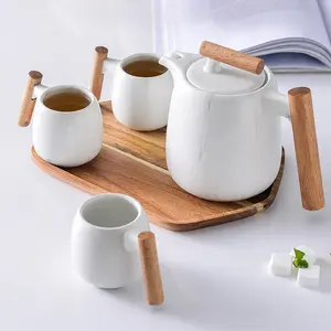 Nordic Creatieve Eenvoudige Theepot Houten Handvat Koffie Keramische Thee Set Gift Box Set Decoratieve Keramische Theepotten