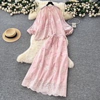 Ensemble de vêtements de dame de Style français élégant robe d'automne ample manches lanterne brodées taille haute ensembles de vêtements pour femmes