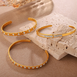 Gold <b>Bracelets</b> Women's Diamond Encrusted Open Stackable <b>Bangle</b> Jewelry Everyday Wear Round Brilliant Cut Synthetic Lab Grown - Product Image 3