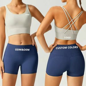 Conjunto de yoga acanalado de 2 piezas para mujer: <span class=keywords><strong>sujetador</strong></span> <span class=keywords><strong>deportivo</strong></span> con tiras en la espalda y shorts de cintura media que realzan los glúteos, ropa transpirable para entrenamiento y gimnasio. - Product Image 1