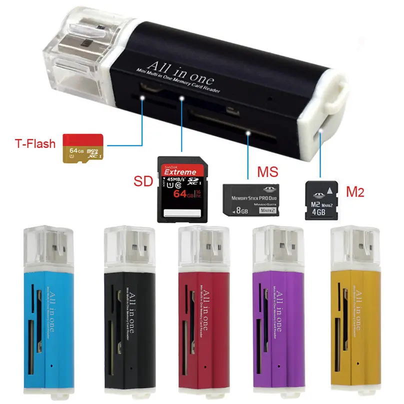 알루미늄 USB 플래시 리더 다채로운 USB 2.0 4 모든 멀티 in 1 메모리 카드 리더 어댑터 마이크로 SD SDHC TF 미니 SD 카드 리더 용