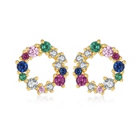 Boucles d'oreilles tendance en argent S925 plaqué or 18 carats avec zircons colorés, bijoux fins en argent 925, boucles d'oreilles créoles ouvertes en forme de couronne avec zircons cubiques