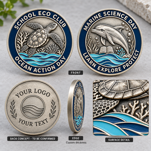 Pièces de monnaie personnalisées pour événements scolaires avec motifs en relief tortue et dauphin pour les clubs écologiques et les cadeaux de la Journée des sciences marines OEM ODM - Product Image 3