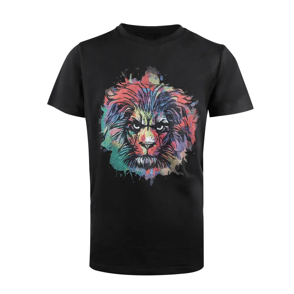 Professional supplier black plain dyed casual men's t-shirts with lion pattern
