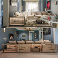 Modernes Design Lounge 7-Sitzer Große Eckgarnitur Samt-Echtleder-Sofa Edelstahlrahmen LED-Beleuchtung Villa Wohnzimmer