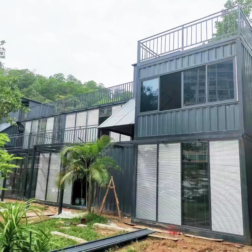 Prefabricated steel structure wooden house with two bedrooms, one living room, garden, family housing for sale