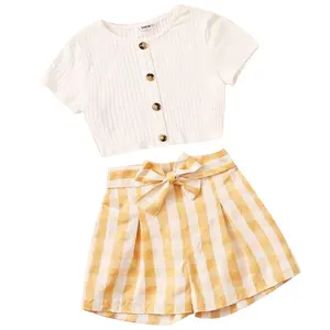 crop tops 12 ans Suppliers-Ensemble d'été pour bébé fille, vêtements pour enfant de 4 à 12 ans, chemises blanches, haut court en tricot, rayé