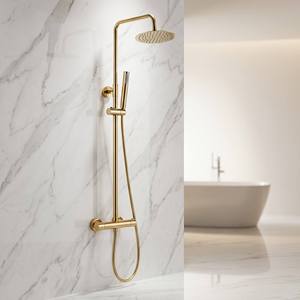 Brushed <strong>Gold</strong> Square Brass 12-Inch 6-Inch <strong>Shower</strong> <strong>Head</strong> With Shelf Bathroom <strong>Shower</strong> Faucets Set for Apartment Hotel System Mixer - Product Image 2