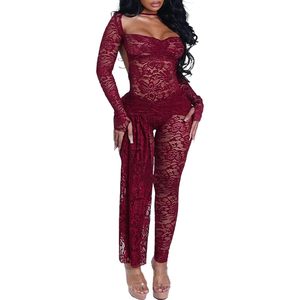 Ensemble deux pièces sexy en dentelle personnalisé 2026 pour femme, haut moulant à manches longues et pantalon transparent, tenue de club Y2K tendance - Product Image 1