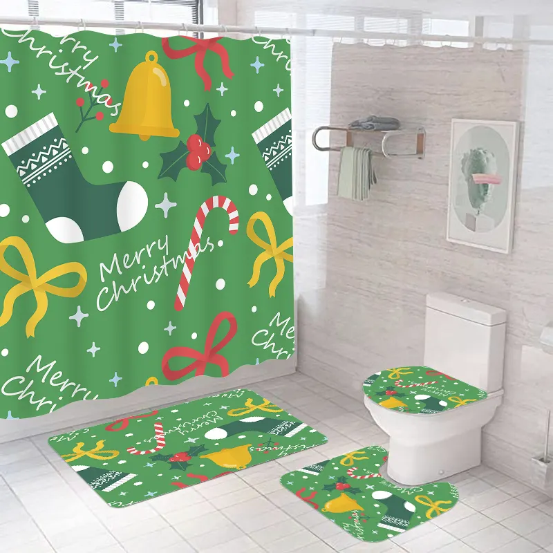 Wholesale waterproof bathroom 3d digital printed polyester christmas shower curtain set