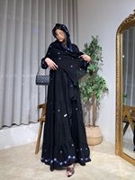 Abaya de Luxe Noire Hafizah pour Femme, Robe de Soirée Musulmane Bleu Foncé Broderie Florale, Kaftan Élégant Dubaï Turquie 2026