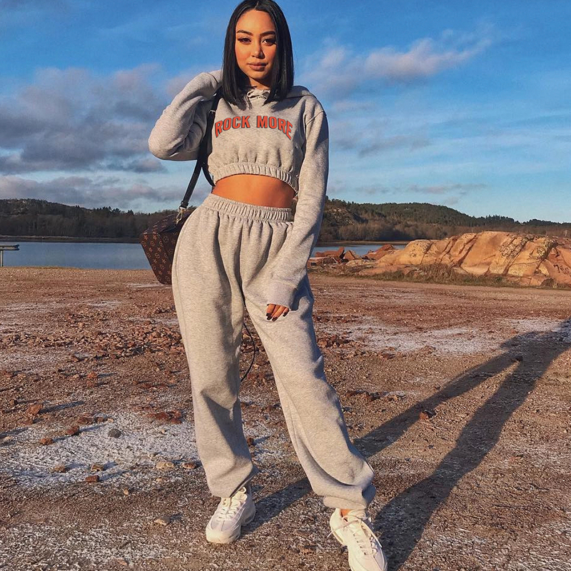 Pour les femmes Ensemble Deux Pièces Costume de Sport Jogging Hoodies Sweat Crop Top Pantalon Femmes Ensembles Assortis