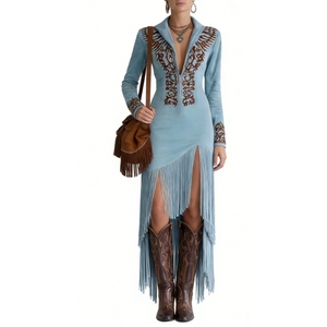 ชุดเดรสผู้หญิงสไตล์คาวเกิร์ล ผ้าหนังกลับเทียม แต่งพู่ ปักลาย ซิปหน้า ทรงเข้ารูป - Product Image 4