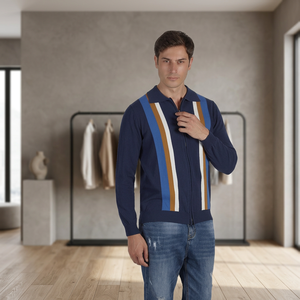 Camicia Casual da Uomo <span class=keywords><strong>a</strong></span> Maniche Lunghe con Scollo <span class=keywords><strong>a</strong></span> V in Cotone Organico 100% di Alta Qualità, Tinto in Filo, Ecologica e <span class=keywords><strong>a</strong></span> Righe - Product Image 3