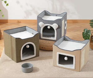 Lit pour chat pliable en forme de cube câlin, lit pour chat douillet avec boule moelleuse et griffoir - Product Image 1