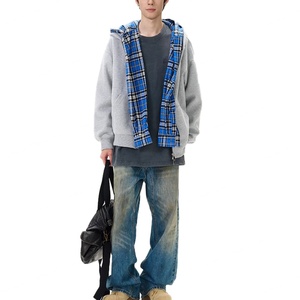 Sudadera con capucha de patchwork a cuadros vintage al por mayor para hombre, estilo urbano oversize, chaqueta con cremallera para hombre, sudadera con capucha con cremallera para hombre - Product Image 1