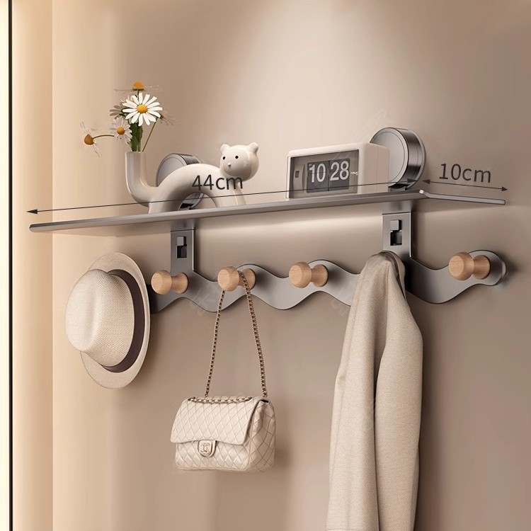 [Gunmetal gray, 44cm length] Walnut wood color 6-hook storage rack