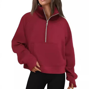 Giacca da donna autunnale in pile con maniche raglan, vestibilità ampia, mezza zip, felpa corta con cappuccio e collo alto, per il mercato transfrontaliero europeo-americano - Product Image 4