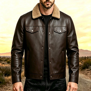 Chaqueta de cuero para hombre de invierno, forrada con sherpa, cuello con botones, longitud regular, ropa exterior informal. - Product Image 1