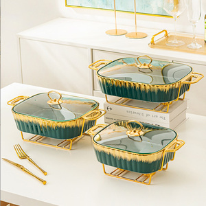 <strong>Rectangular</strong> Design <strong>Ceramic</strong> Casserole <strong>Pot</strong> Tableware Candle Chafing Dish Buffet Set Fire Heating <strong>Ceramic</strong> Soup <strong>Pot</strong> with Golden Rack - Product Image 3