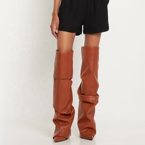 Bottes longues plissées à talon aiguille pour femme, à bout pointu, au-dessus du genou, style pantalon - Product Image 1