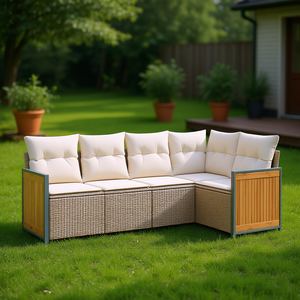 Conjunto de Sofás de Jardín en Ratán Sintético PE Beige, Muebles de Exterior con Cojines de Espuma de Alta Densidad, Diseño Contemporáneo para Jardín - Product Image 2