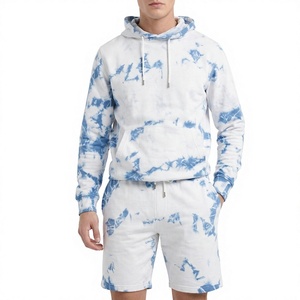 Ensemble survêtement homme bleu uni avec sweat à capuche et short 100 % coton, fermeture éclair, logo avant, idéal pour l'été - Product Image 1