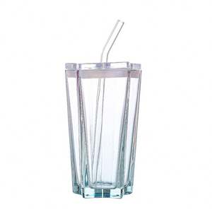 Vendita calda tazza di <span class=keywords><strong>caffè</strong></span> in paglia a cinque punte stella tazza di vetro sfumato, bevande fredde tazze di <span class=keywords><strong>caffè</strong></span> con coperchio e paglia - Product Image 1