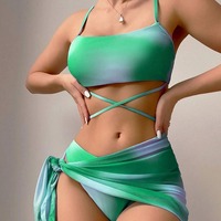 Traje de Baño de 3 Piezas de Alta Calidad para Mujer, Bikini, Ropa de Playa, Blusa con Cordones y Estampado Tie-Dye, Traje de Baño Sexy