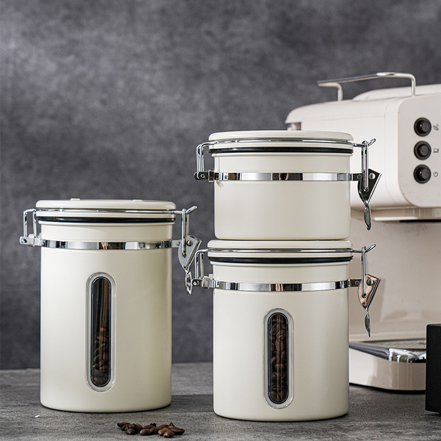 OEM Vacuum Sealed Coffee Canister 304 Stainless Steel Airtight Bean Storage Container 1.5L 1.8L 2.8L With Date Tracker Spoon