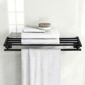 Porte-serviettes mural noir avec étagère, en acier inoxydable, minimaliste, pour salle de bain, support fixe pour serviettes, organisateur - Product Image 3
