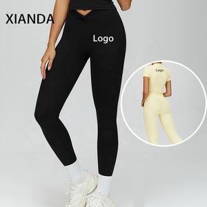 XIANDA OEM Custom Blank Logo Oversized Half-Zipper Sporty Short Sleeve Top Front Scrunch Tight <strong>Leggings</strong> 2 Set Exercise Yoga Wear - Product Image 2