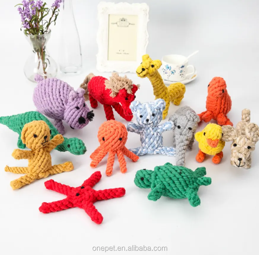 Juego de animales pequeños de algodón y cáñamo para mascotas, juguete de cuerda para masticar, a precio de fabricante, venta al por mayor