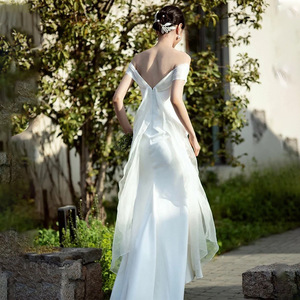 Off The Shoulder Sweetheart Neckline Mermaid Wedding Dress White Satin Simple Forest Style With Short Train For Coming Of Age - Product Image 4