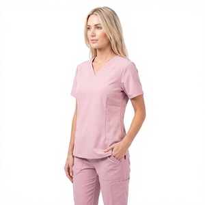 Conjunto de Uniforme Médico para Mujer, Cuello en V, Color Rosa, Tela Elástica Ligera de Alta Calidad, con Detección de Agujas, Manga Corta, para Hospital - Product Image 3