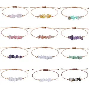 Großhandel bohème unregelmäßiger Schotter Naturstein gewebtes verstellbares Armband Kristall Ametysten Rose Quarz Knöchel für Damen