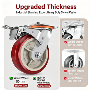 Heavy Duty Swivel Caster With Brake Red Polyurethane Wheel Ball Bearing Locking Mechanism Flat Type Bolt Hole Installation - Product Image 2