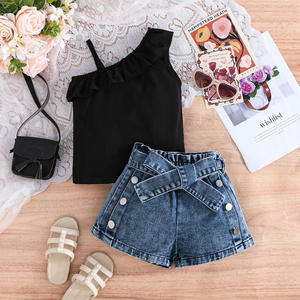 Set di abbigliamento per ragazze estive <span class=keywords><strong>eleganti</strong></span> e graziosi <span class=keywords><strong>pantaloncini</strong></span> in Denim con decorazione in pizzo Casual con bottoni a fiocco - Product Image 1