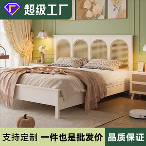 French Style Cream Solid Wood Rattan <b>Bed</b> 1.8M <b>Double</b> Platform <b>Bed</b> For Bedroom - Product Image 5