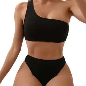 Women one shoulder solid color black thong bottom swimwear breathable material