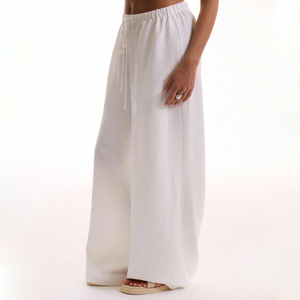 OEM Custom Womens Holiday Textured <b>Linen</b> Feel Tie Waist Wide Leg <b>Trousers</b> Summer Elegant Beach Vacation Loose Flowy Pants - Product Image 2